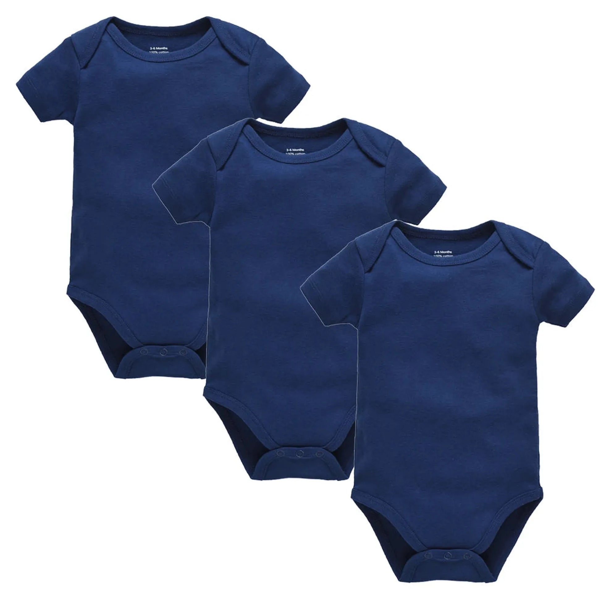Three navy blue short-sleeve baby bodysuits made of soft cotton with snap closures.