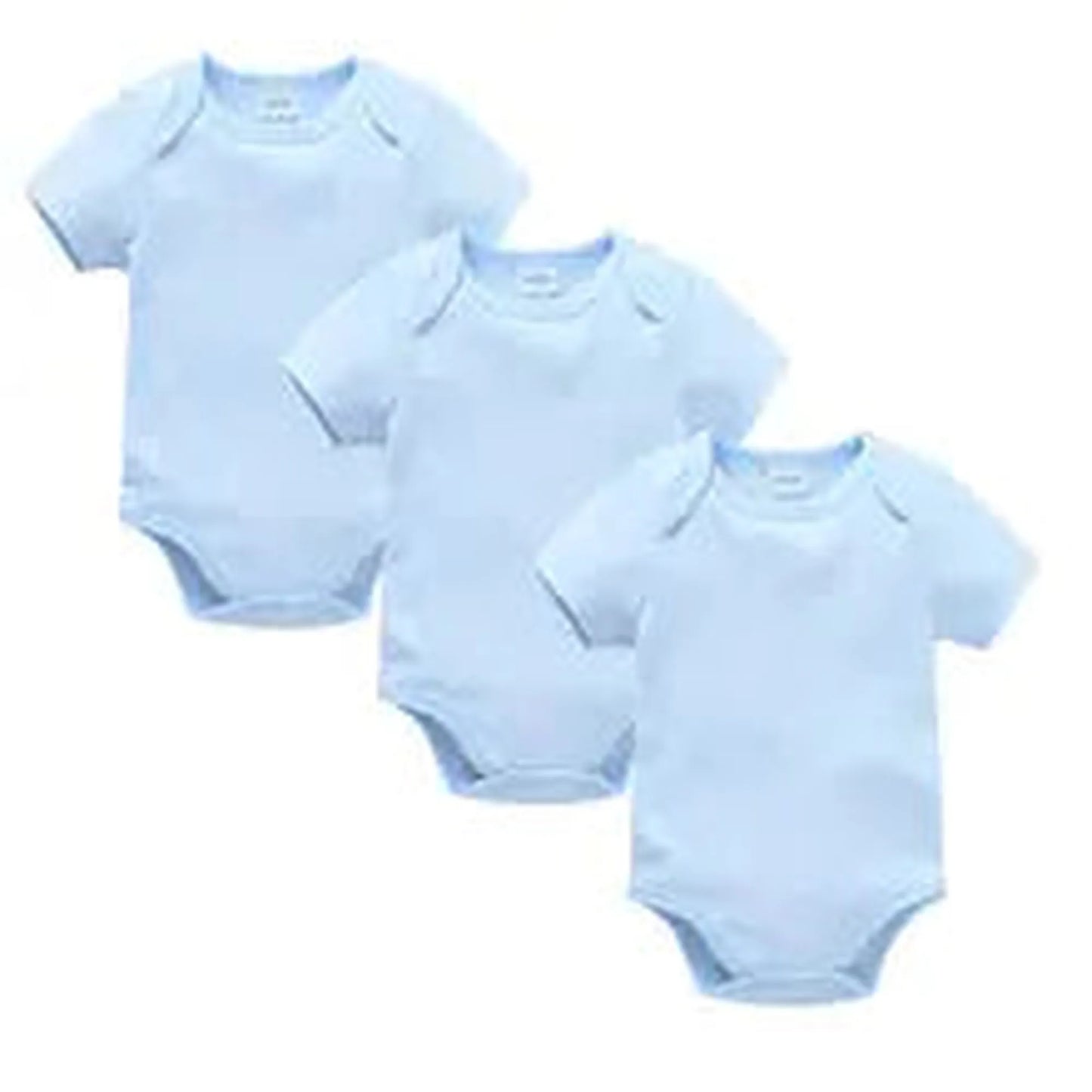 Three light blue short-sleeve cotton baby bodysuits with snap closures, designed for comfort and breathability.