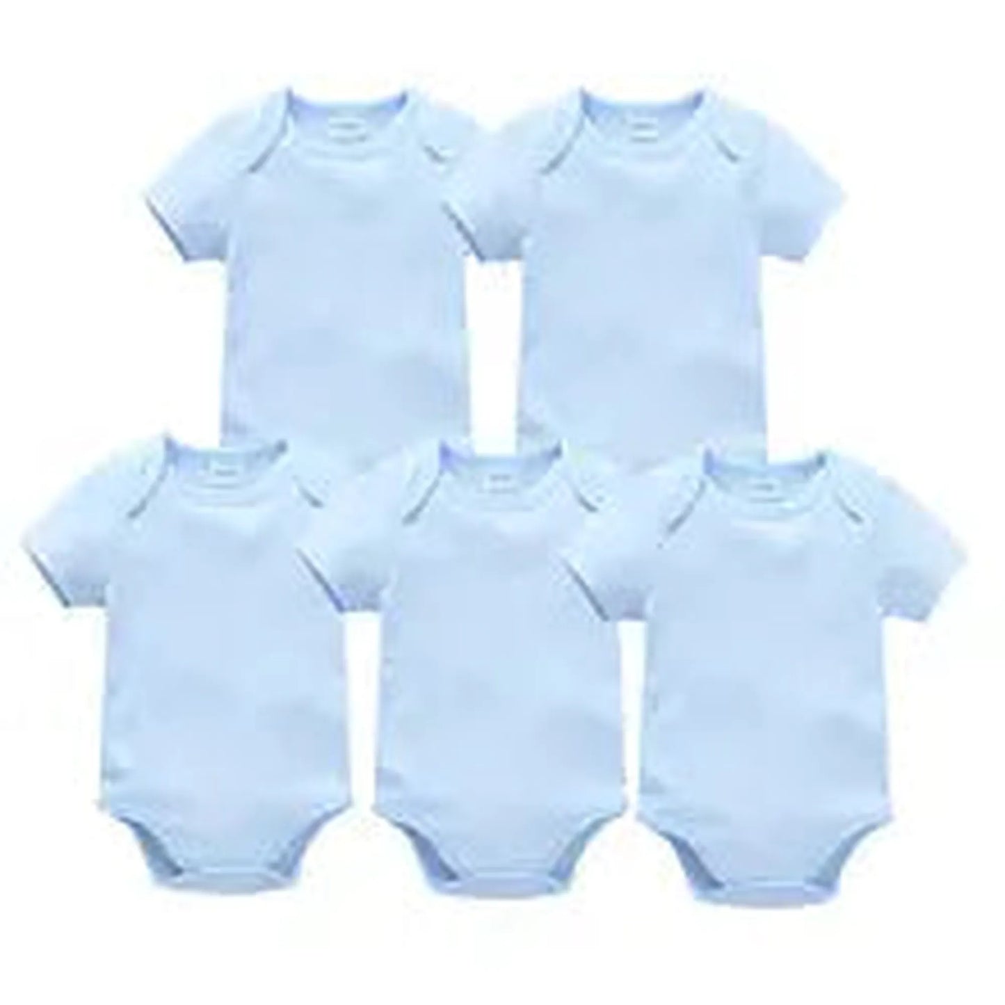Five light blue short-sleeve cotton baby bodysuits with snap closures, suitable for everyday wear.