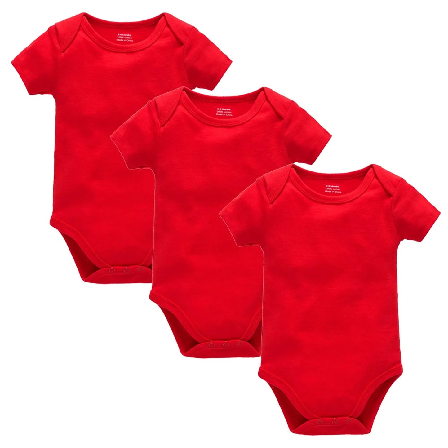 Three red short-sleeve cotton baby bodysuits with snap closures, ideal for 0-24 months.
