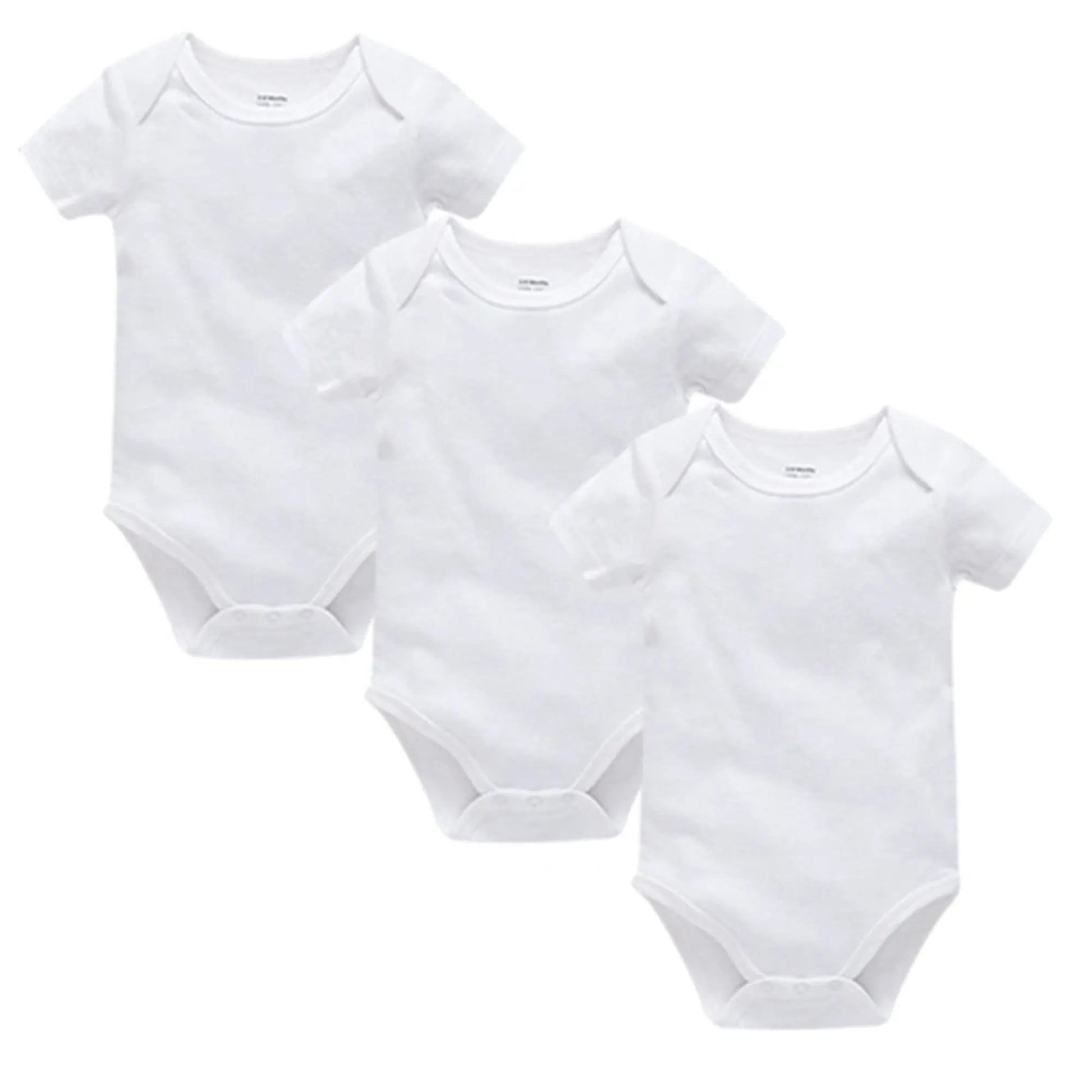 Three white short-sleeve cotton baby bodysuits with snap closures, perfect for everyday wear.