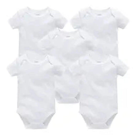 Five white short-sleeve cotton baby bodysuits with snap closures, perfect for everyday wear.
