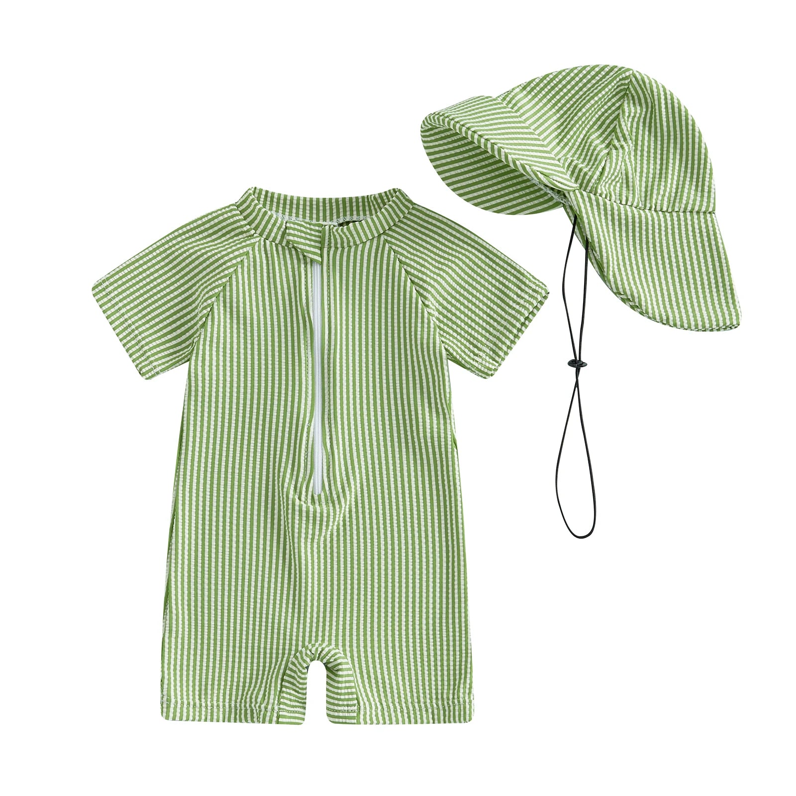 Green and white striped short-sleeve baby swimsuit with a half-zip and matching sun hat.