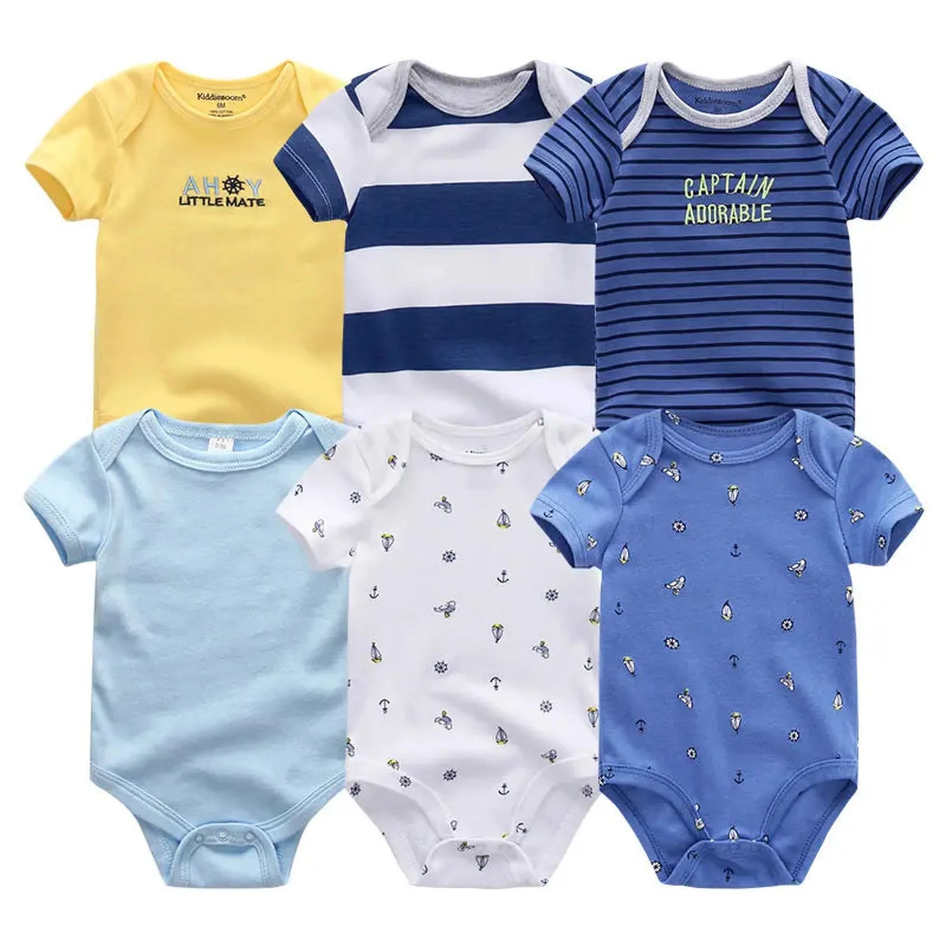 Six short-sleeve cotton baby rompers in yellow, blue, white, and striped patterns with nautical designs.