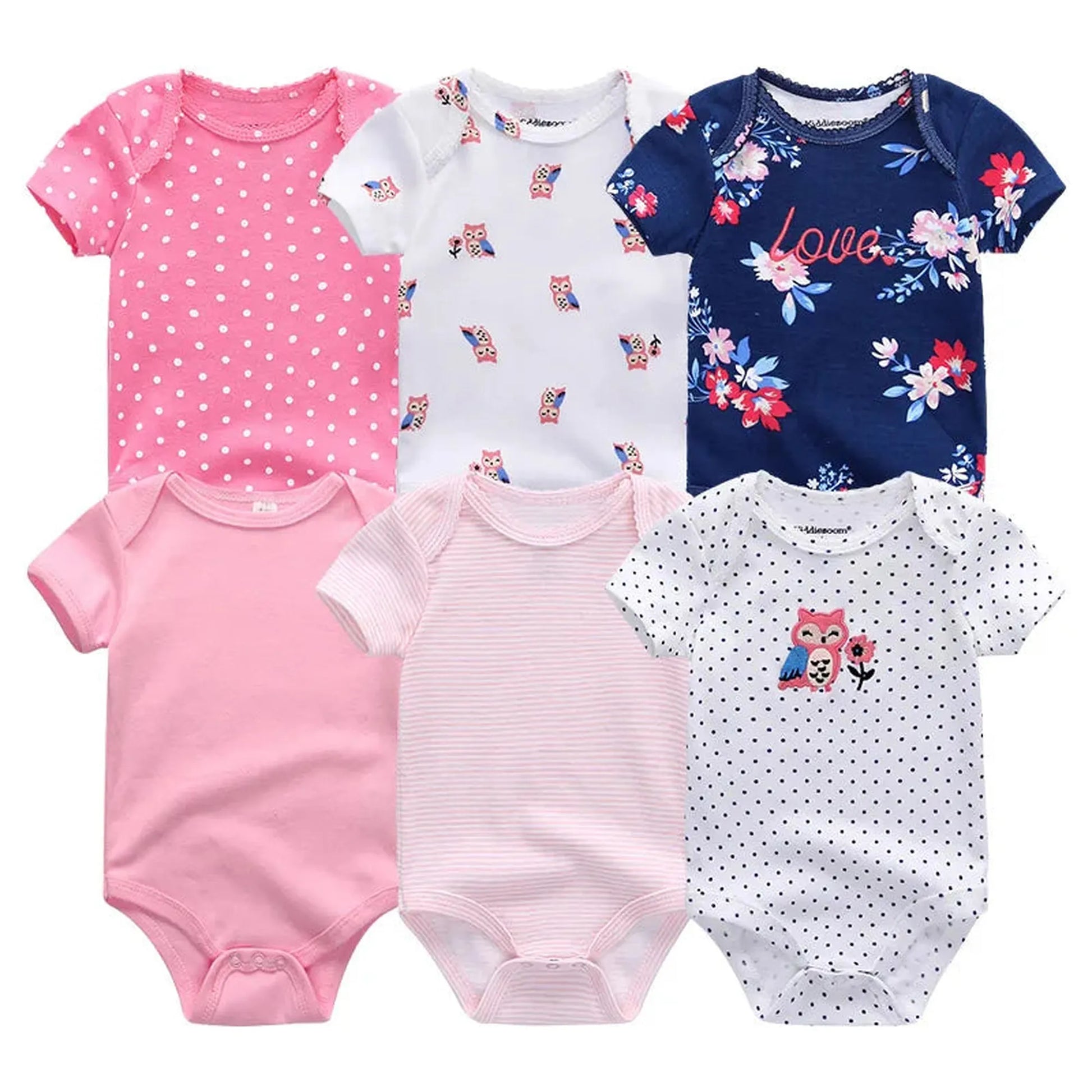 Six short-sleeve cotton baby rompers: pink polka dot, white owl print, navy floral, solid pink, pink stripe, and white polka dot with owl.