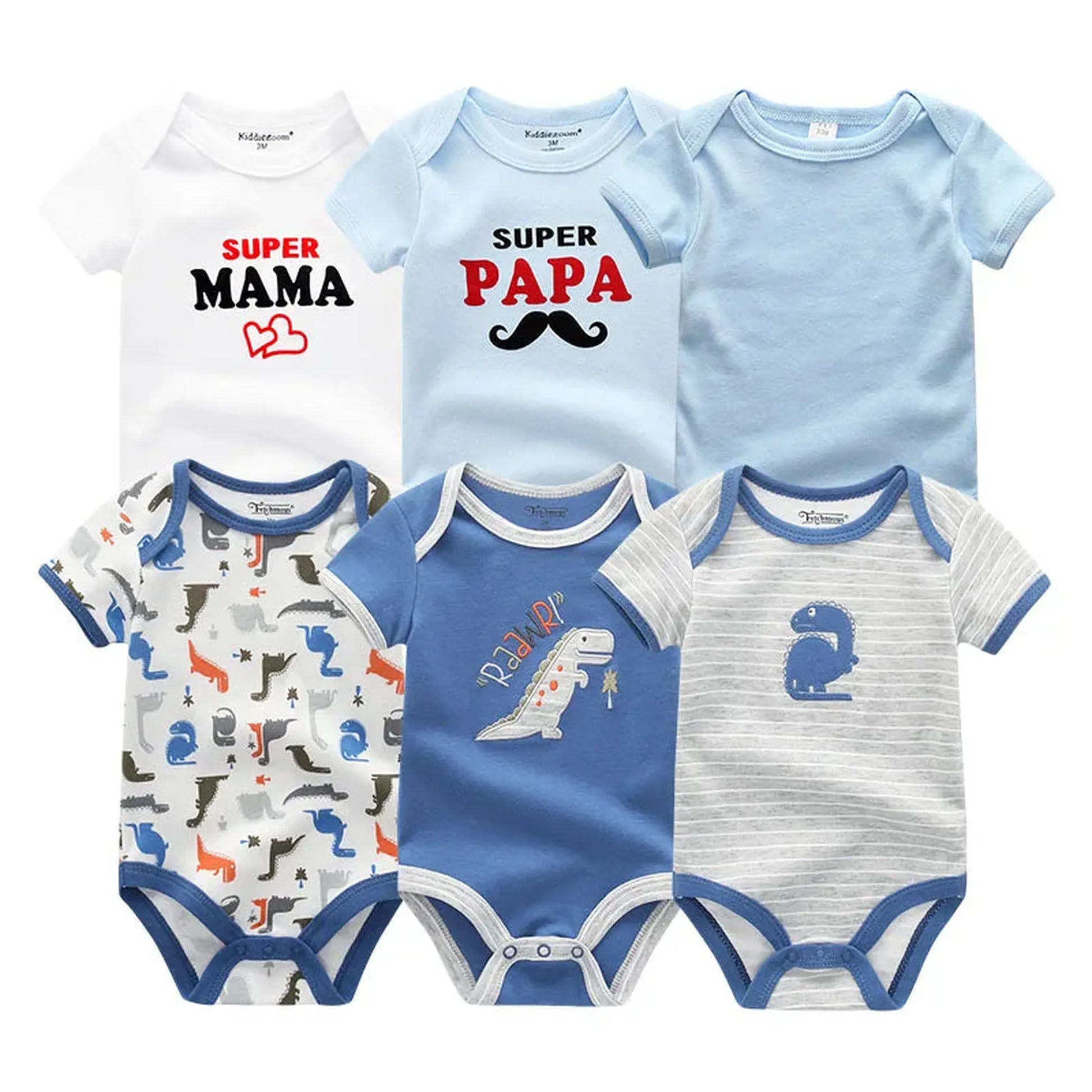Six short-sleeve cotton baby rompers: white "Super Mama" and "Super Papa," solid blue, dinosaur print, blue dinosaur, and striped.