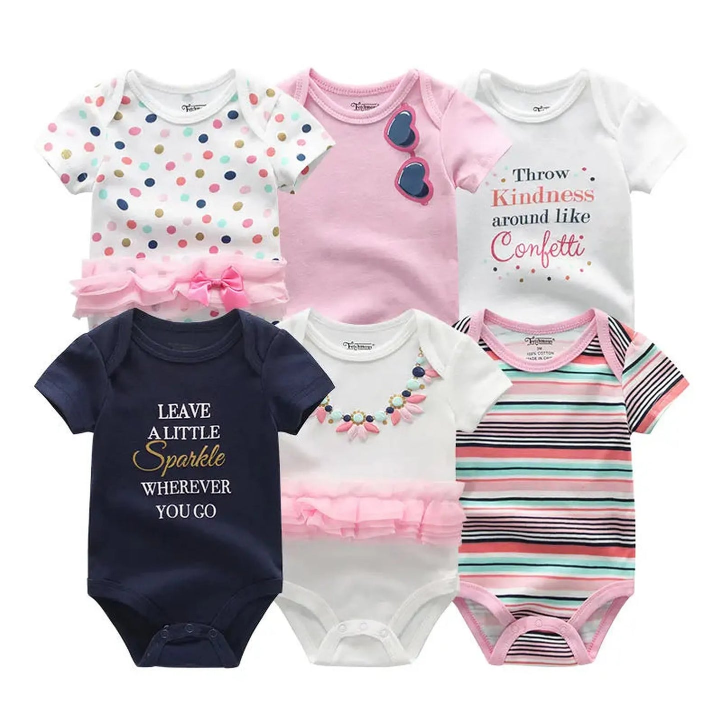 Six short-sleeve cotton baby rompers in various colors and patterns, including polka dots, stripes, and quotes.