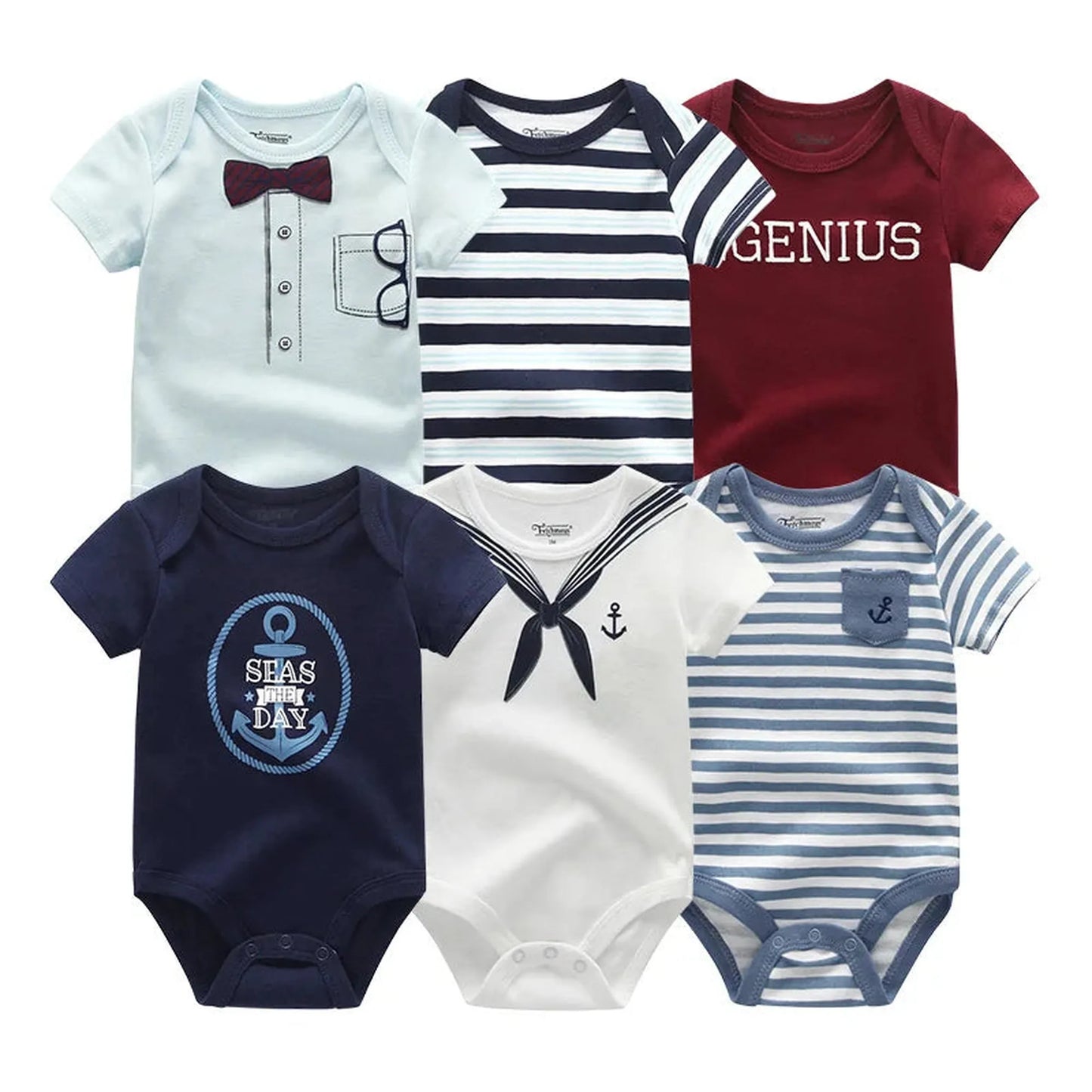 Six short-sleeve cotton baby rompers in blue, white, and maroon with nautical and cartoon prints.