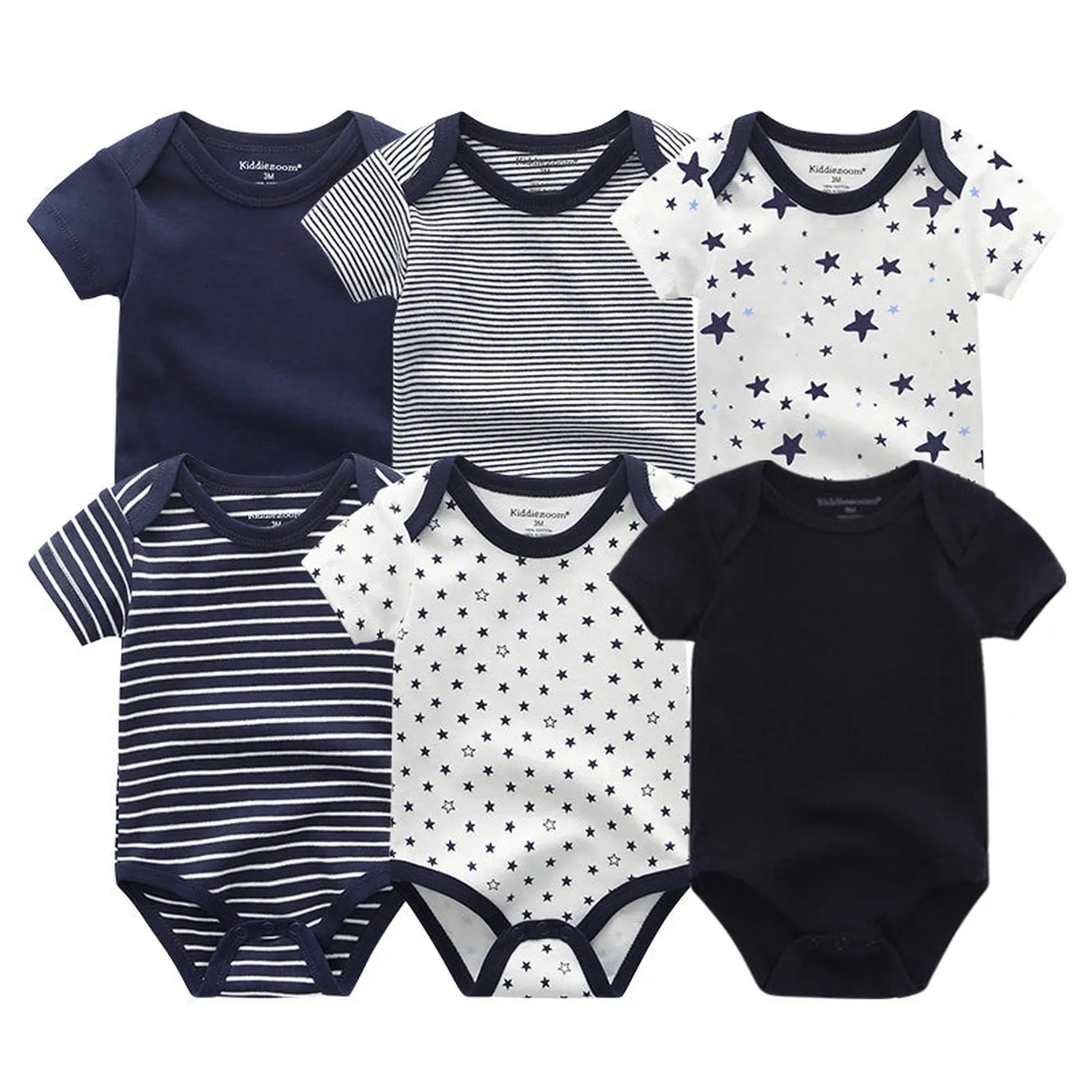 Six short-sleeve cotton baby rompers in navy, white, stripes, and star patterns.
