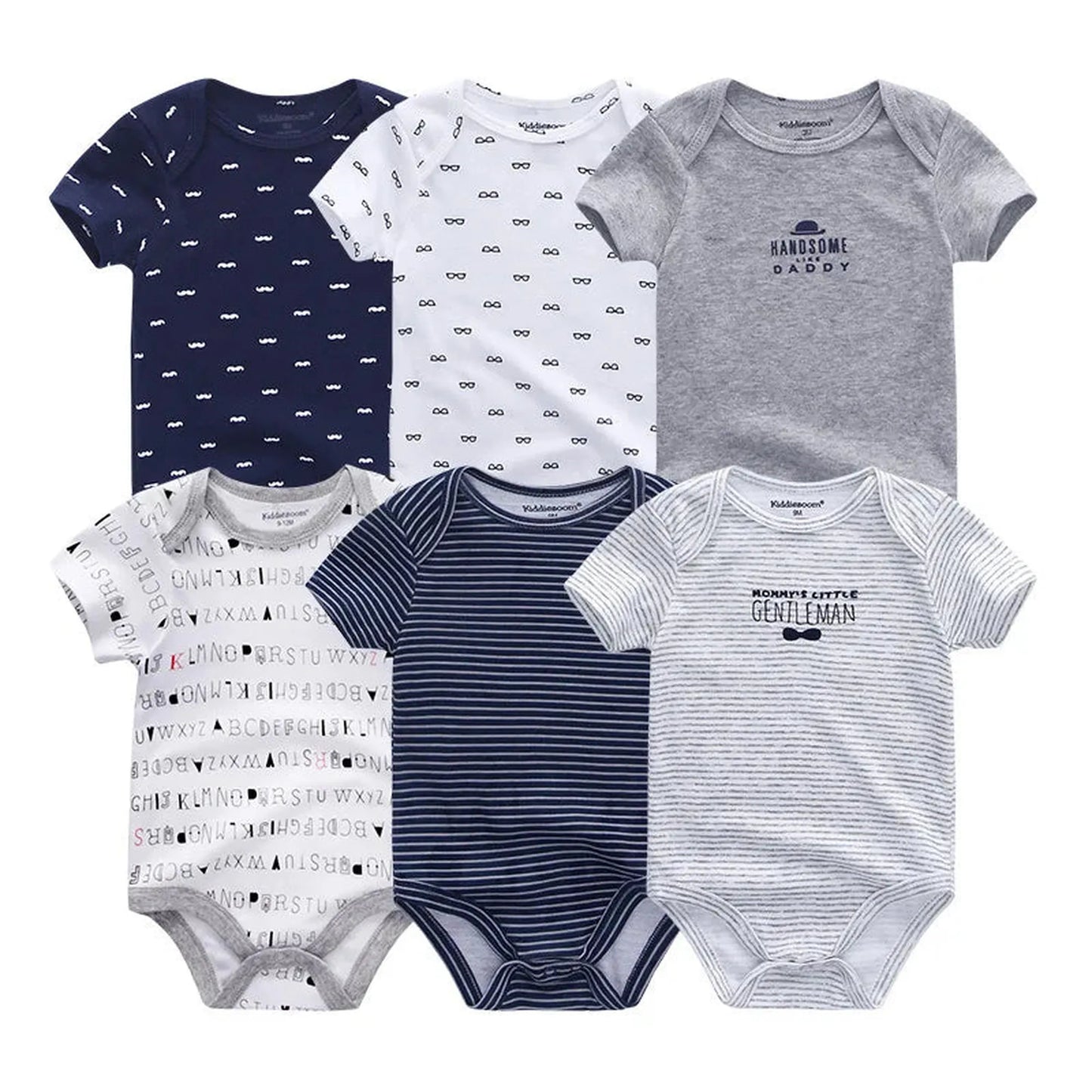 Six short-sleeve cotton baby rompers in navy, white, and gray with various prints like mustaches, stripes, and text.
