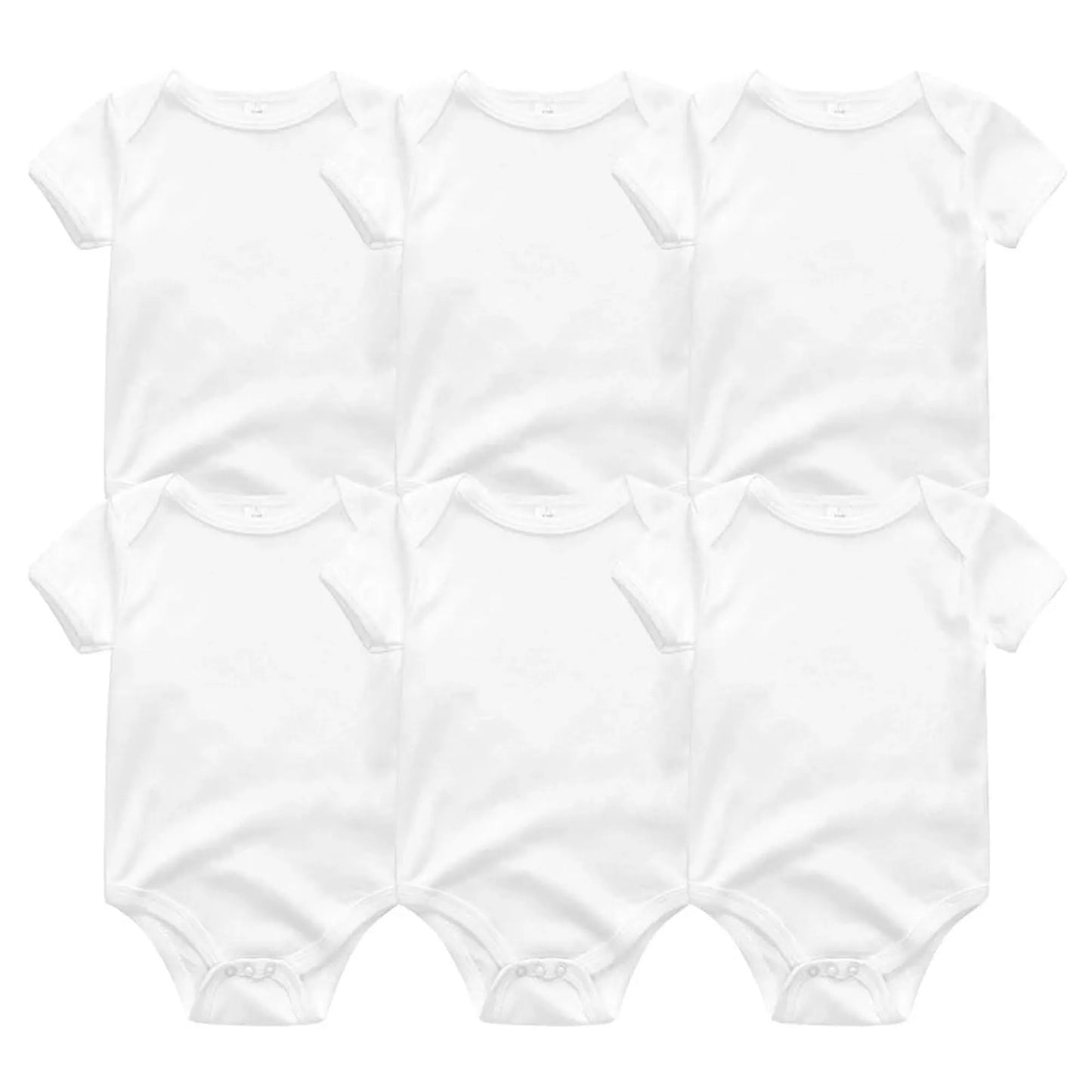 Six white short-sleeve 100% cotton baby bodysuits with O-neck collars and snap closures.