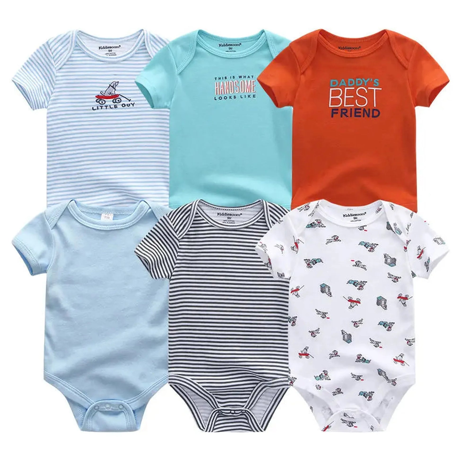 Six short-sleeve cotton baby rompers in blue, white, orange, and striped patterns with cute prints.
