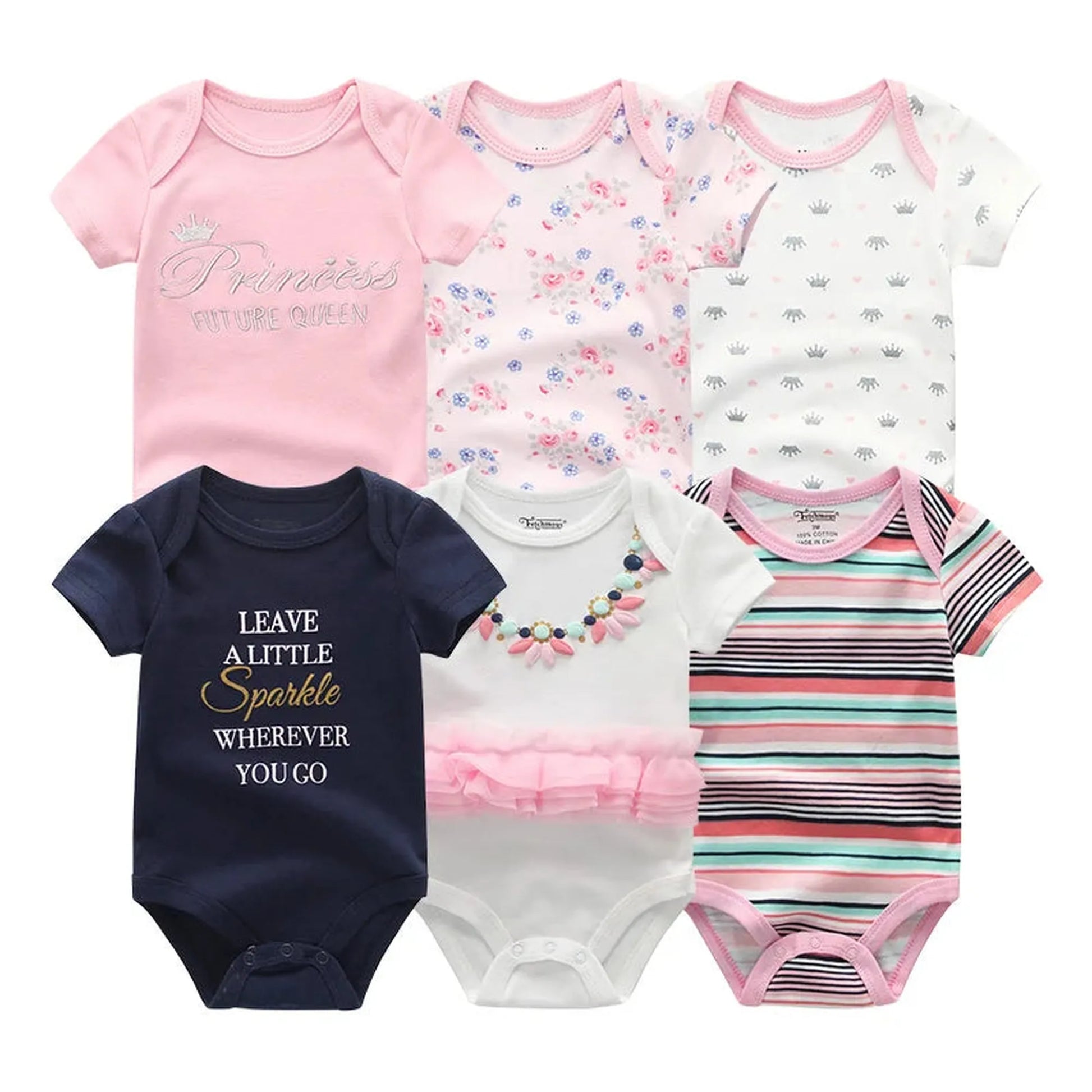 Six short-sleeve cotton baby rompers in pink, white, and navy with various prints and designs.