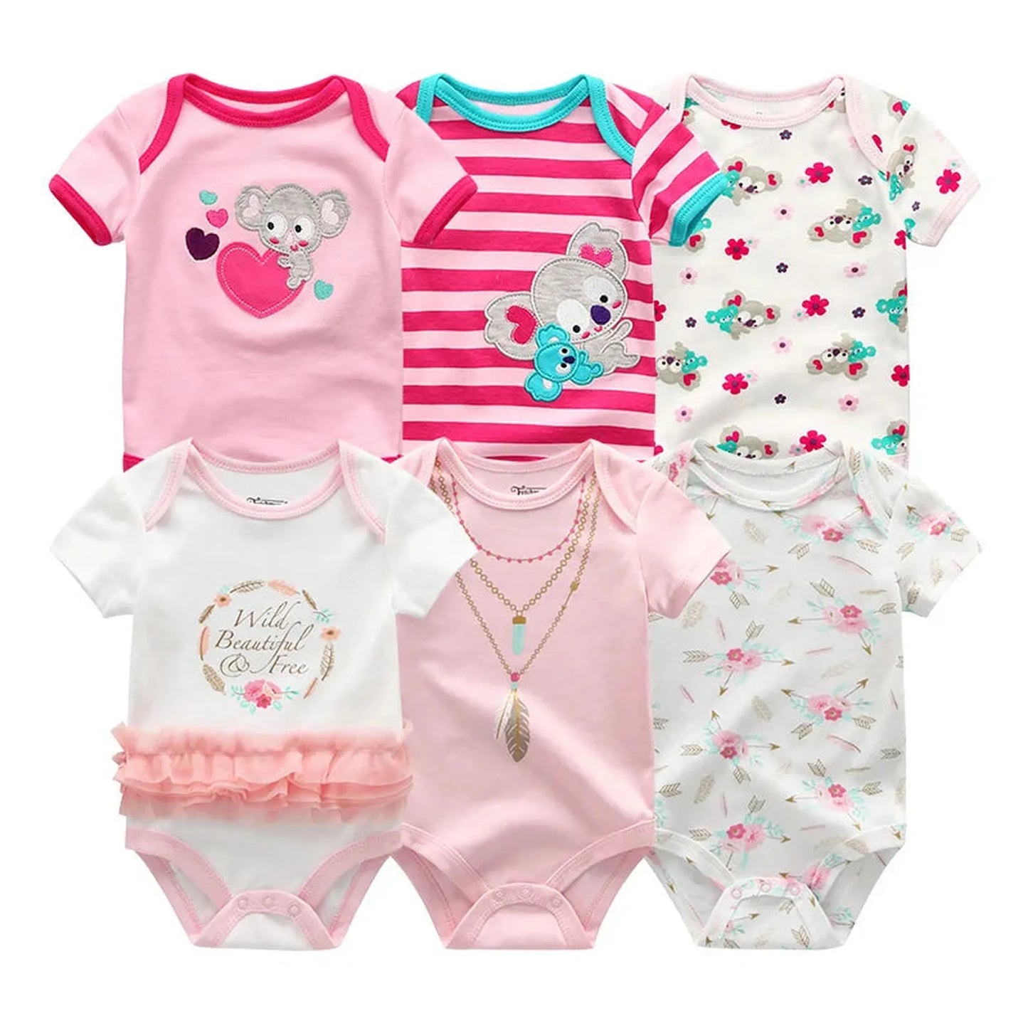 Six short-sleeve cotton baby rompers in pink and white with various cute animal, floral, and stripe designs.