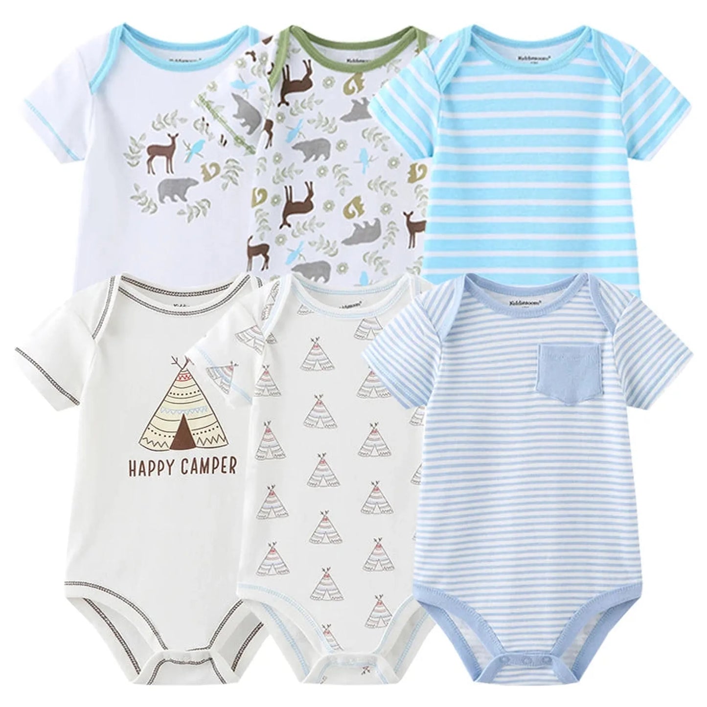 Six short-sleeve cotton baby rompers in white, blue, and green with animal, tent, and stripe prints.