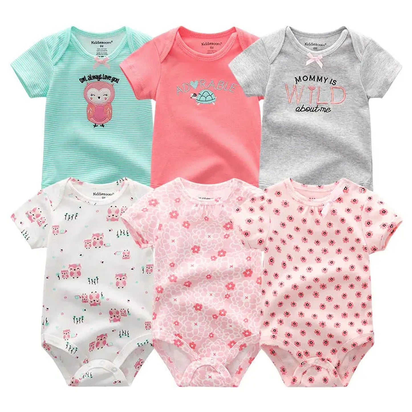 Six short-sleeve cotton baby rompers in pink, gray, and mint with owl, turtle, and floral prints.