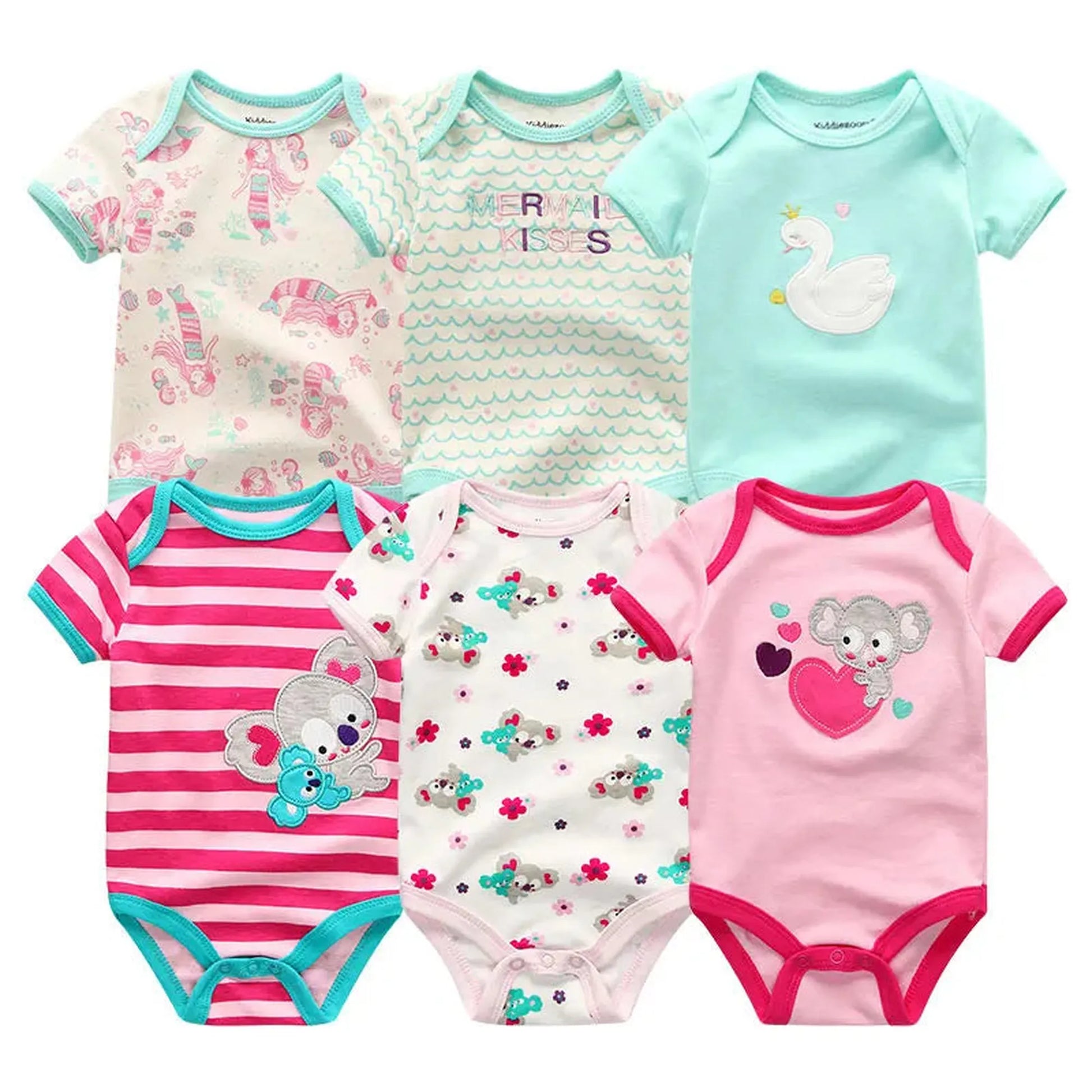 Six short-sleeve cotton baby rompers in pink, mint, and white with cute animal and mermaid prints.