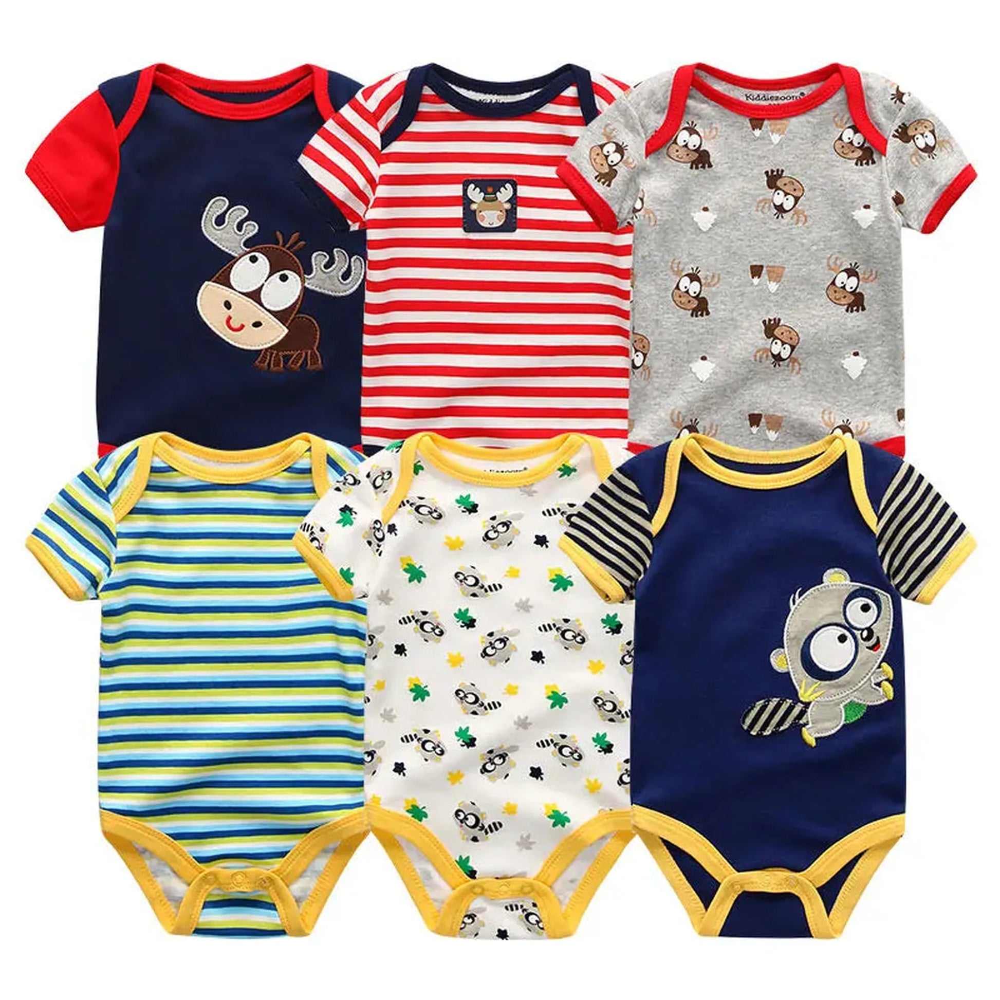 Six short-sleeve cotton baby rompers in various colors and cartoon animal prints.
