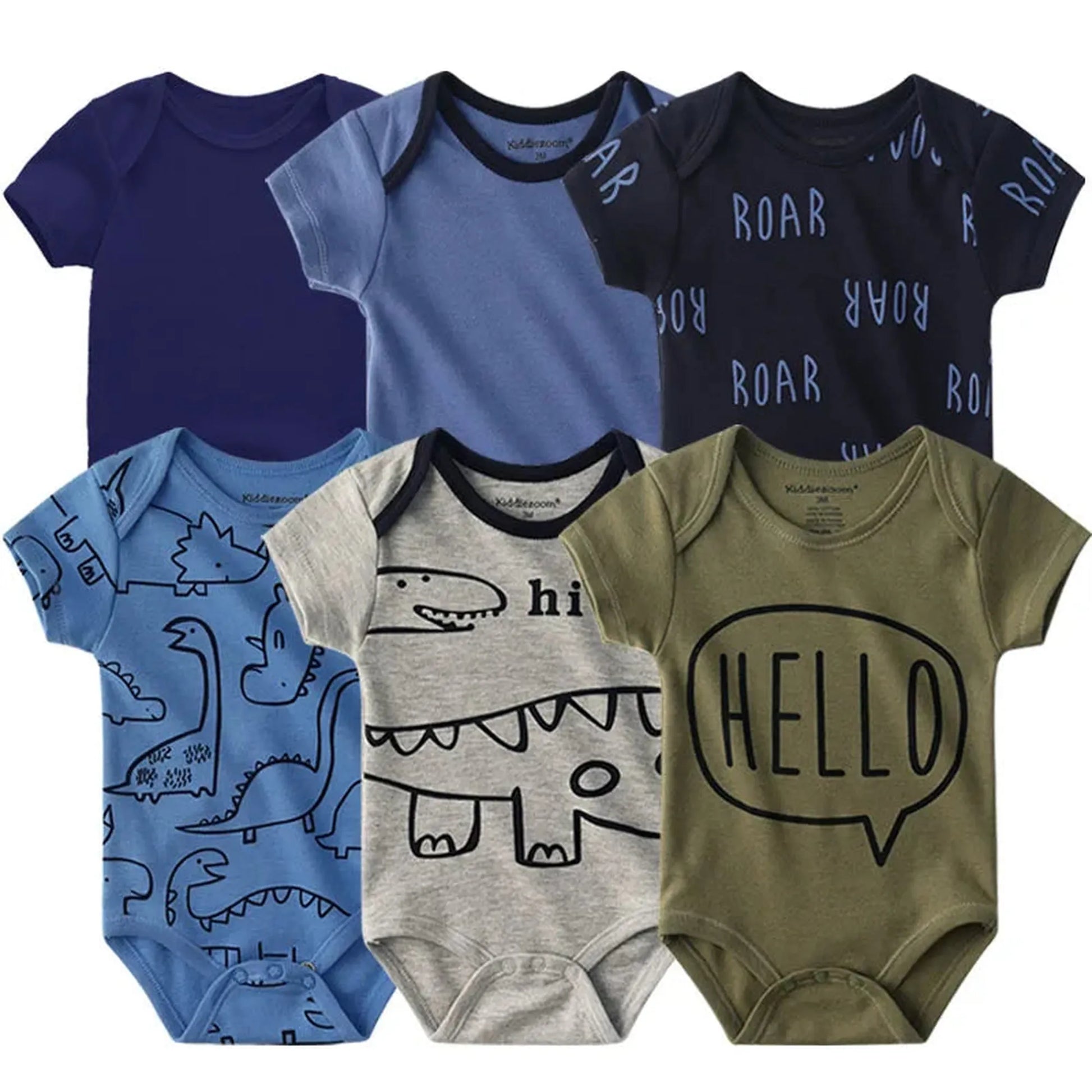 Six short-sleeve cotton baby rompers in blue, navy, gray, and olive green, some with dinosaur and "HELLO" prints.