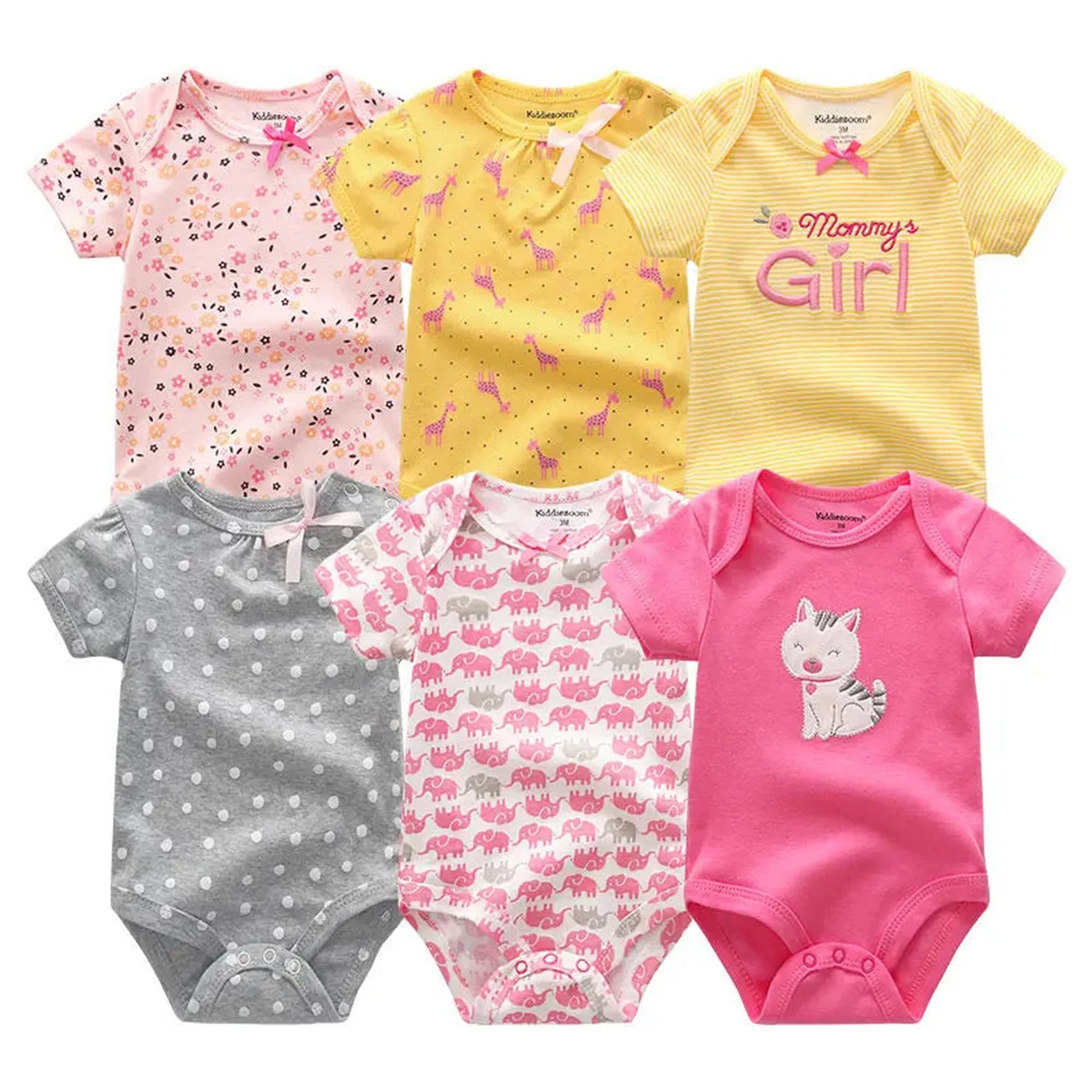 Six short-sleeve cotton baby rompers in pink, yellow, and gray with various cute patterns.