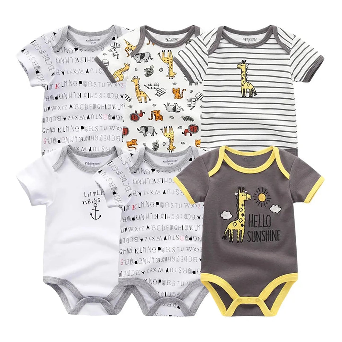 Set of 6 short-sleeve cotton baby rompers with various animal and alphabet prints.