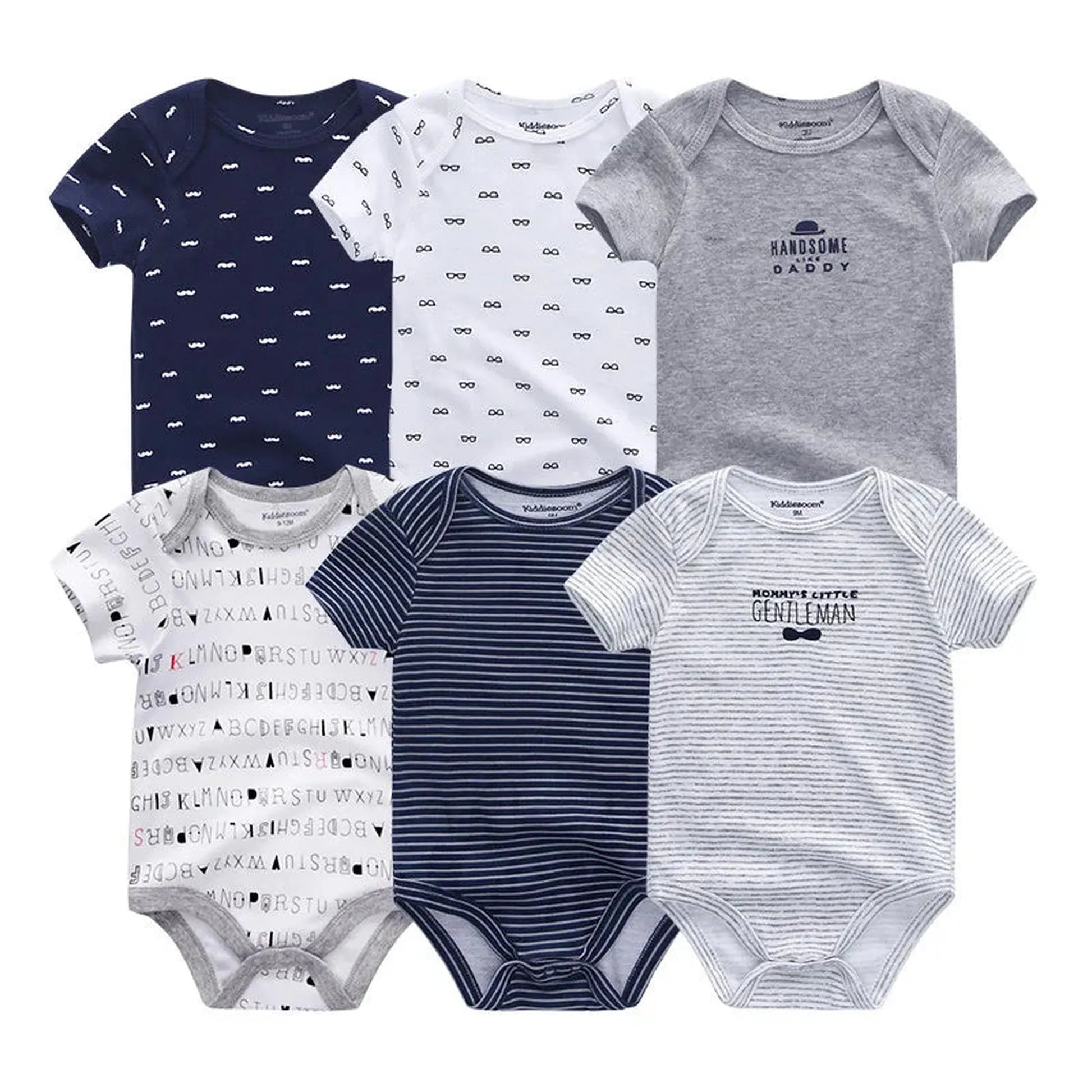 Six short-sleeve cotton baby rompers in various patterns: navy mustache, white glasses, grey "Handsome Daddy," grey alphabet, navy stripes, and white "Mommy's Little Gentleman.