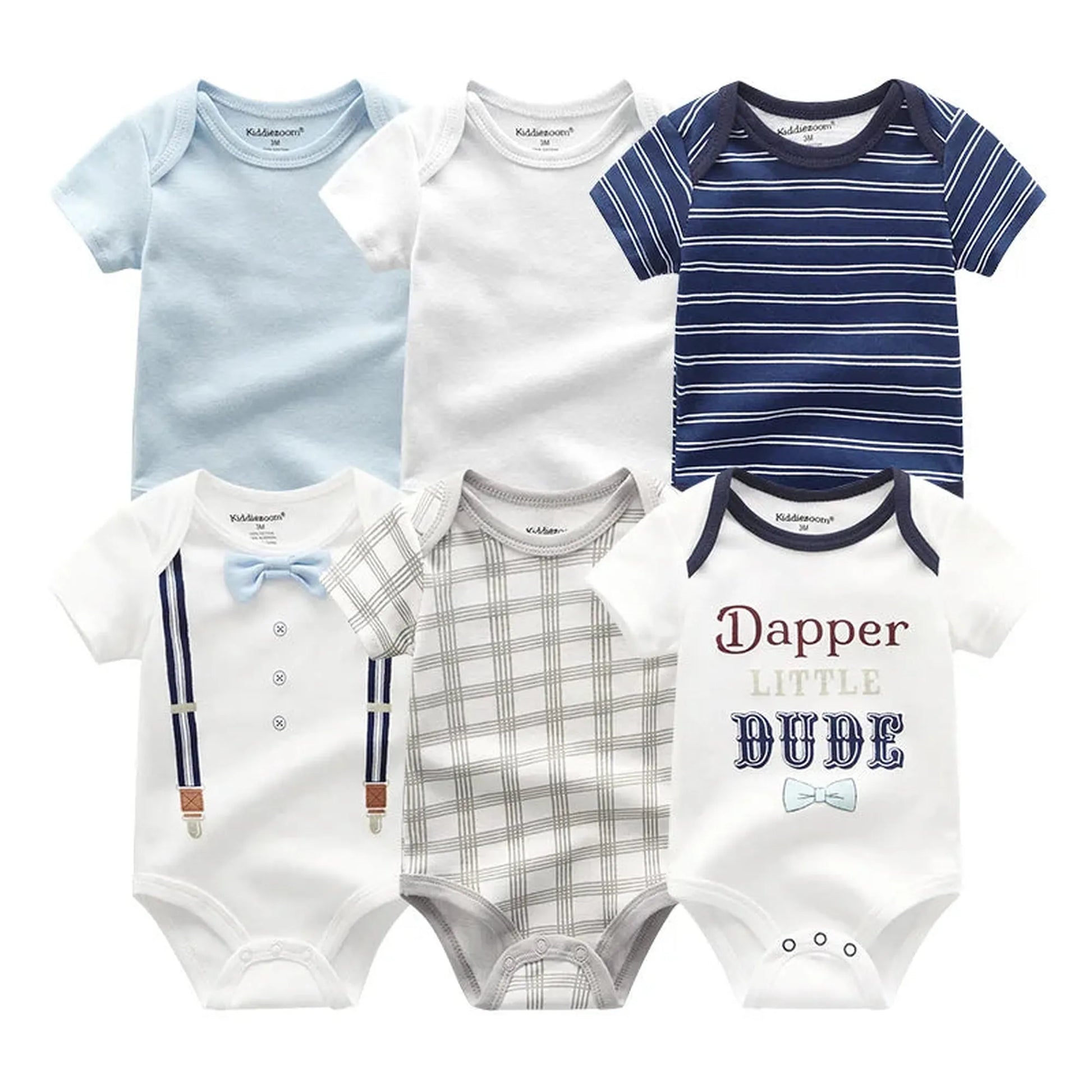 Six short-sleeve cotton baby rompers: blue, white, navy stripe, suspender, plaid, and "Dapper Little Dude" designs.