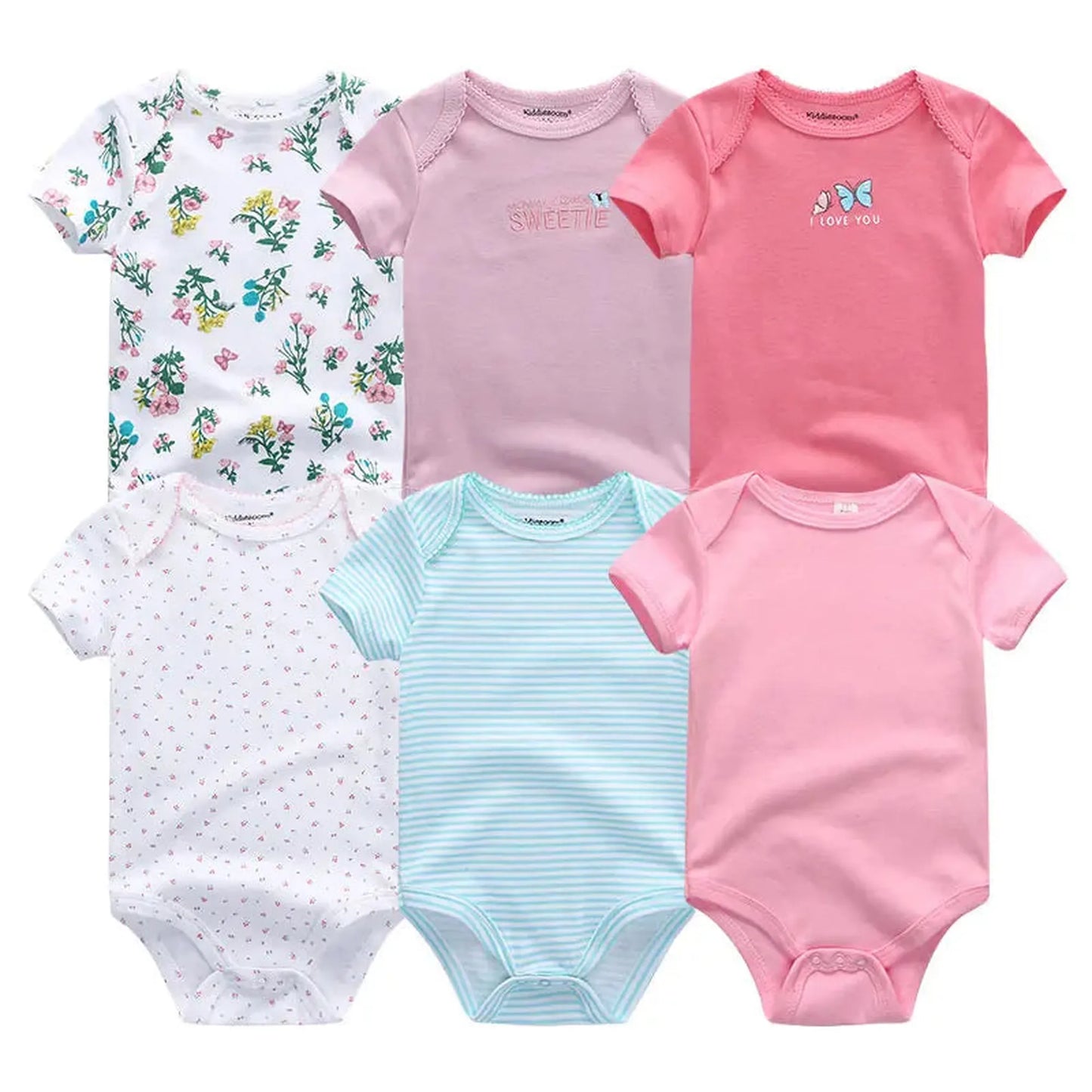 Six short-sleeve cotton baby rompers: two pink, one light blue striped, one white with tiny dots, one white floral, and one light pink with "SWEETIE" text.