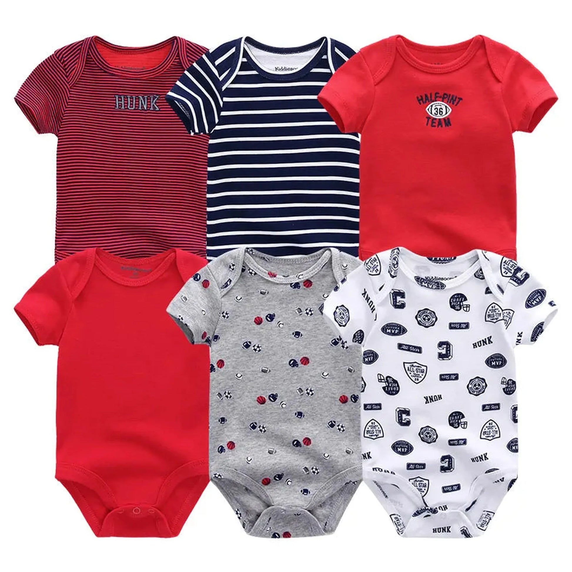 Six short-sleeve cotton baby rompers: red stripes, navy stripes, solid red, gray with sports print, and white with various prints.