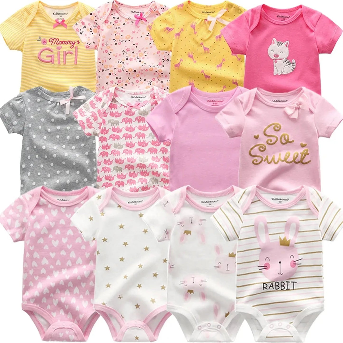 Set of 12 short-sleeve cotton baby rompers in pink, yellow, and gray with various cute animal and pattern designs.