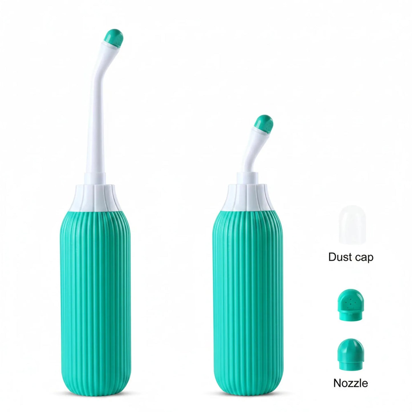Teal 500ml portable peri bottle with two nozzles and a dust cap for postpartum and personal hygiene.