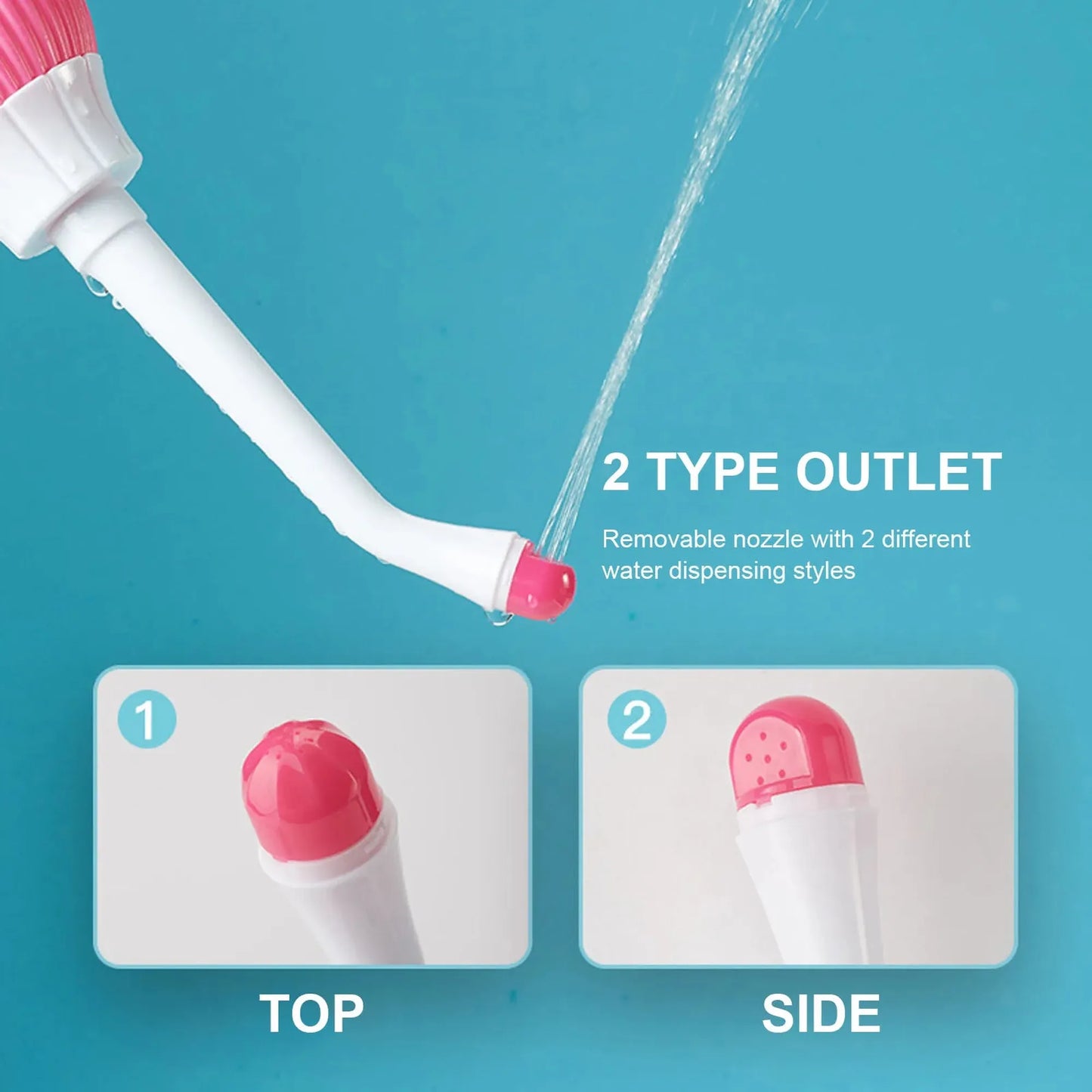 White portable bidet with two pink nozzle types, showing top and side spray options.
