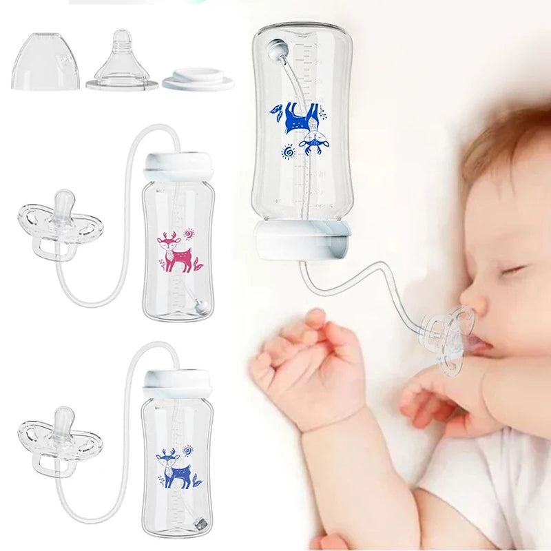 Clear 3-in-1 BPA-free baby bottle with gravity ball, wide neck, and pacifier attachment, shown with sleeping baby.