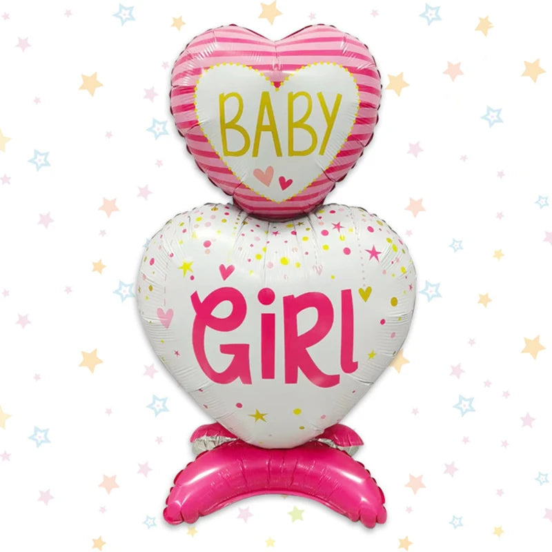 Pink and white heart-shaped foil balloon for baby gender reveal, featuring "BABY" and "GIRL" text.