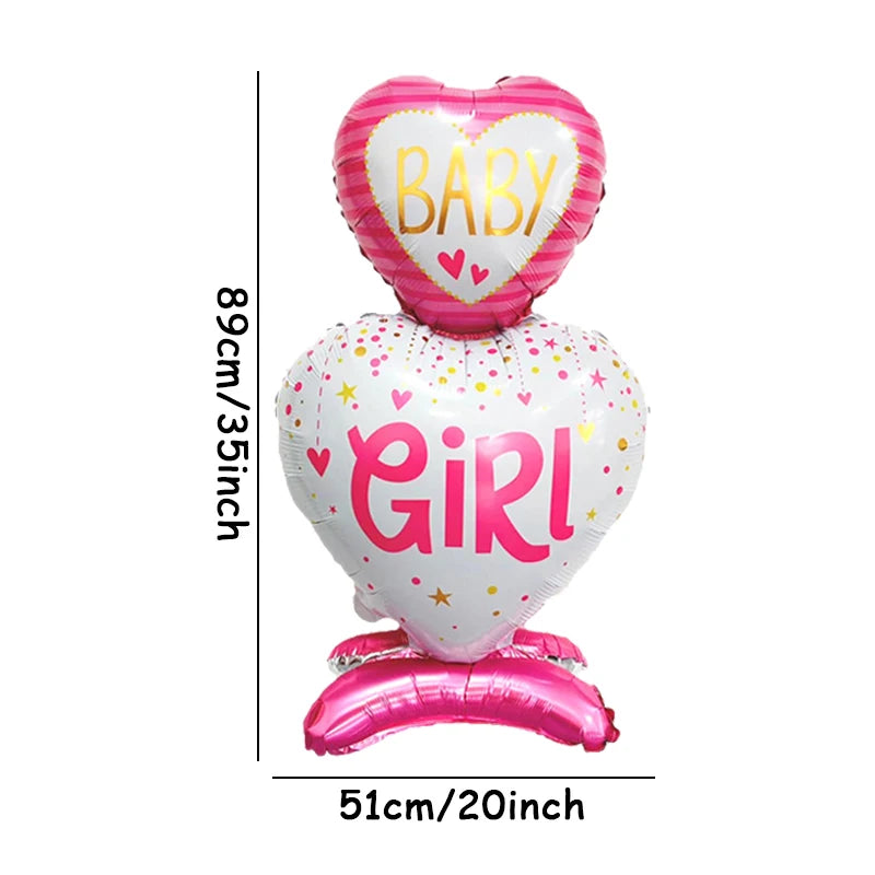 Pink and white heart-shaped foil balloon for baby gender reveal, featuring "BABY" and "GIRL" text, 35 inches tall.