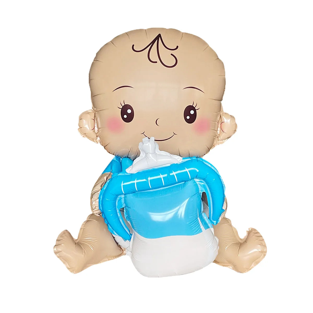 3D baby foil balloon in light brown and blue, holding a baby bottle, for birthday or baby shower.
