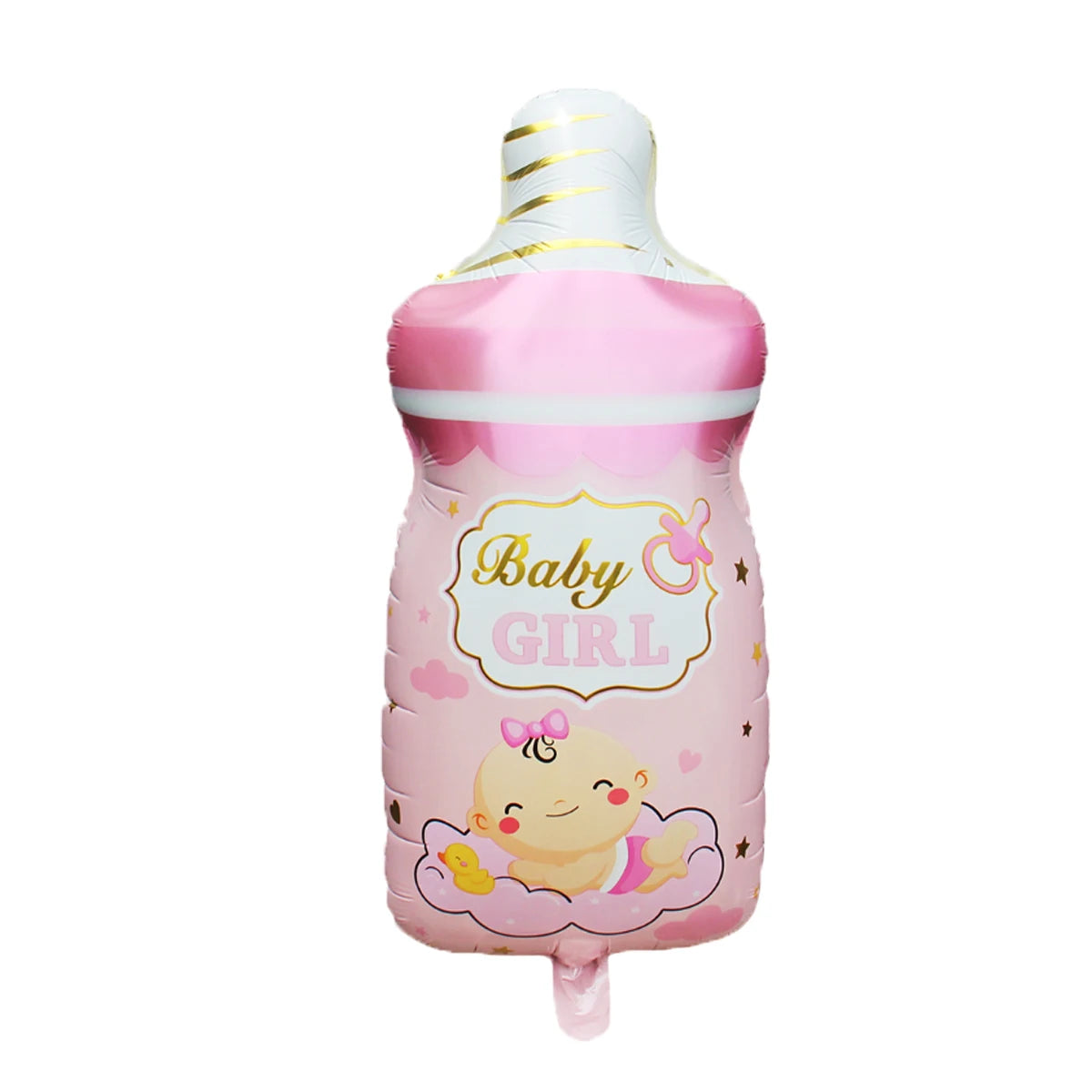 Pink 3D aluminum foil baby bottle balloon for a baby girl, featuring a cute baby, clouds, and stars.