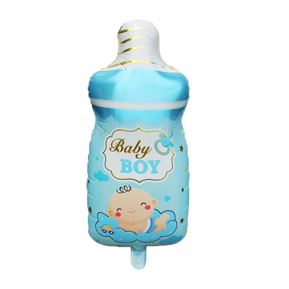 Blue 3D aluminum foil baby bottle balloon for a "Baby Boy" celebration, featuring a smiling baby on a cloud.
