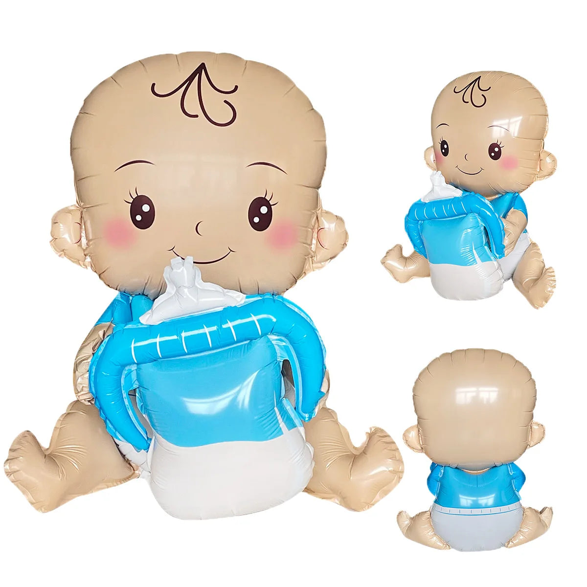 3D baby boy foil balloon in blue and beige, holding a bottle, for birthday or baby shower.