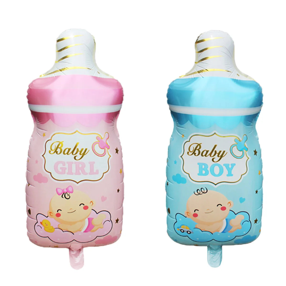 Pink "Baby Girl" and blue "Baby Boy" 3D aluminum foil baby bottle balloons for gender reveal or baby shower.