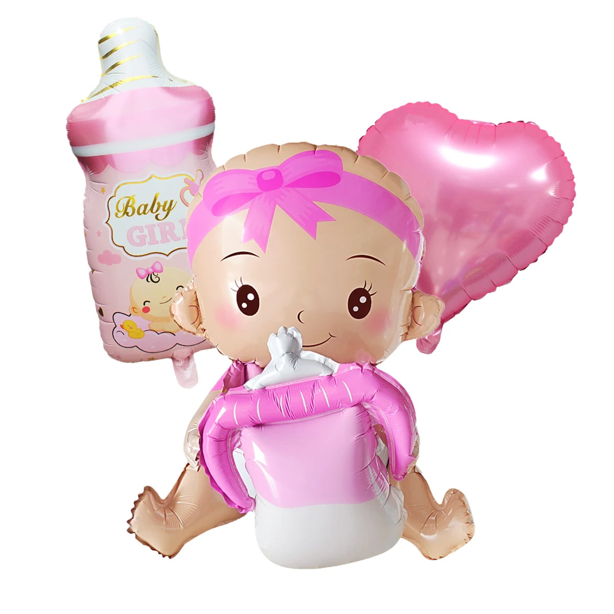 Pink 3D baby girl foil balloons: a baby, bottle, and heart, perfect for baby showers or birthdays.