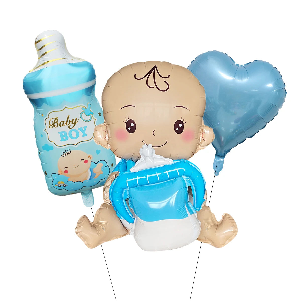 Blue 3D baby boy, bottle, and heart foil balloons for birthday or baby shower decorations.