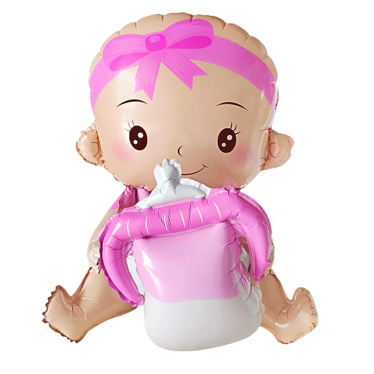 3D baby girl foil balloon in pink and white, holding a bottle, perfect for baby showers and birthdays.