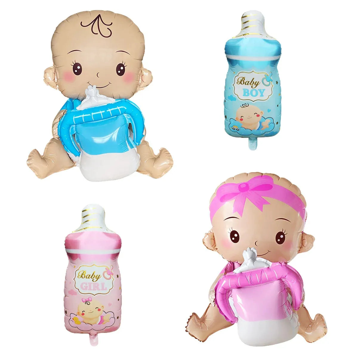 Four 3D aluminum foil balloons: two baby figures (boy in blue, girl in pink) holding bottles, and two baby bottle balloons (blue "Baby Boy", pink "Baby Girl").
