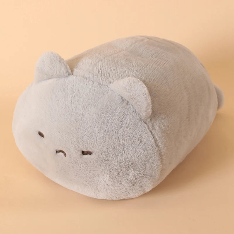 Soft gray plush cat pillow, 45cm, with small ears and embroidered sleepy eyes.
