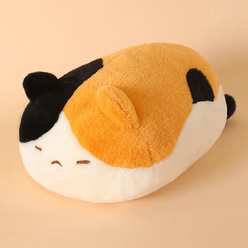 Soft, fluffy calico cat plush pillow, 45cm, with orange, black, and white fur.
