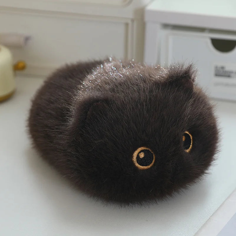 Soft, fluffy dark brown cat plush toy with embroidered yellow eyes, 20-23cm.