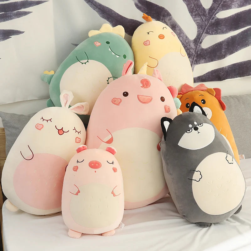 Soft plush animal pillows for kids: pink pig, unicorn, dinosaur, chicken, rabbit, lion, and husky.