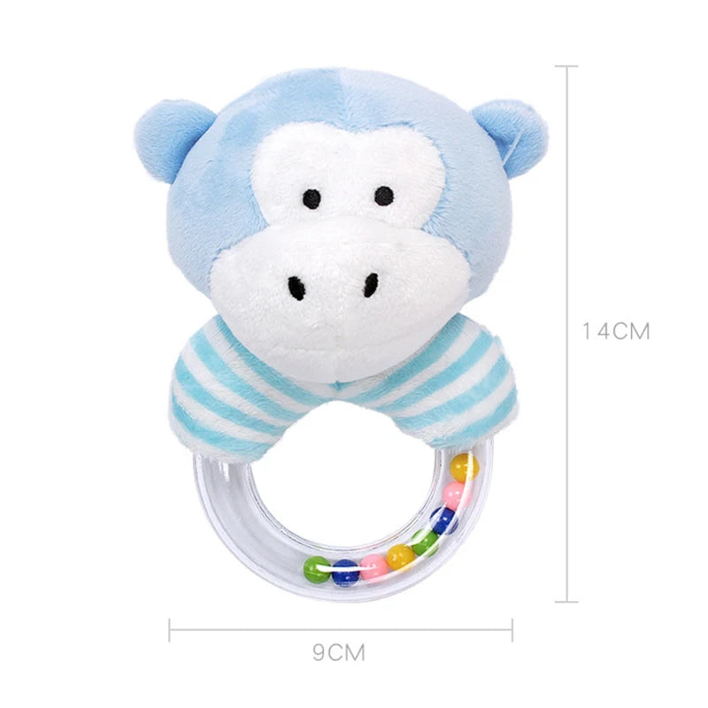 Soft blue monkey plush baby teether rattle with striped arms and colorful beads in a clear ring.