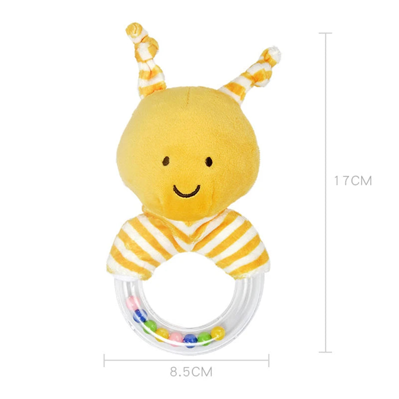 Soft yellow caterpillar baby teether rattle with striped ears and a clear ring of colorful beads.